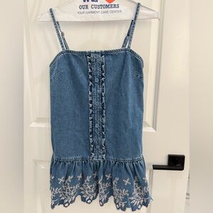 Anthropologie Denim Blue Embroidered Ruffle Hem Shift Dress